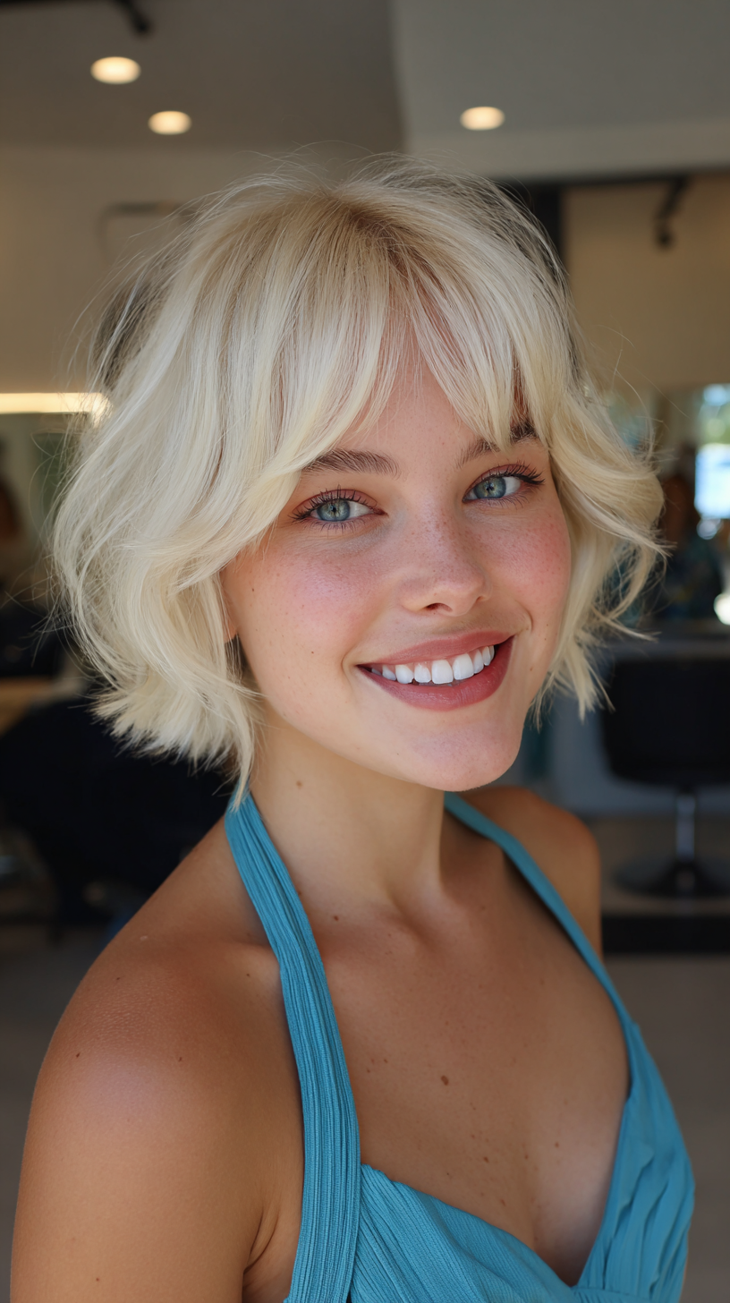Breezy blonde bob with curtain bangs and an easy parting