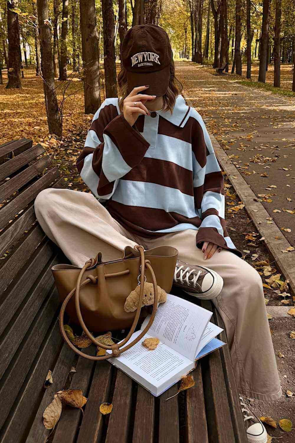 Striped rugby shirt with wide-leg beige trousers preppy outfit