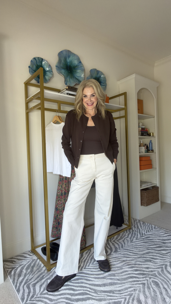Brown Cardigan Layered Over a Cami and Ecru Jeans Brown cardigan worn over a cami with ecru jeans and loafers