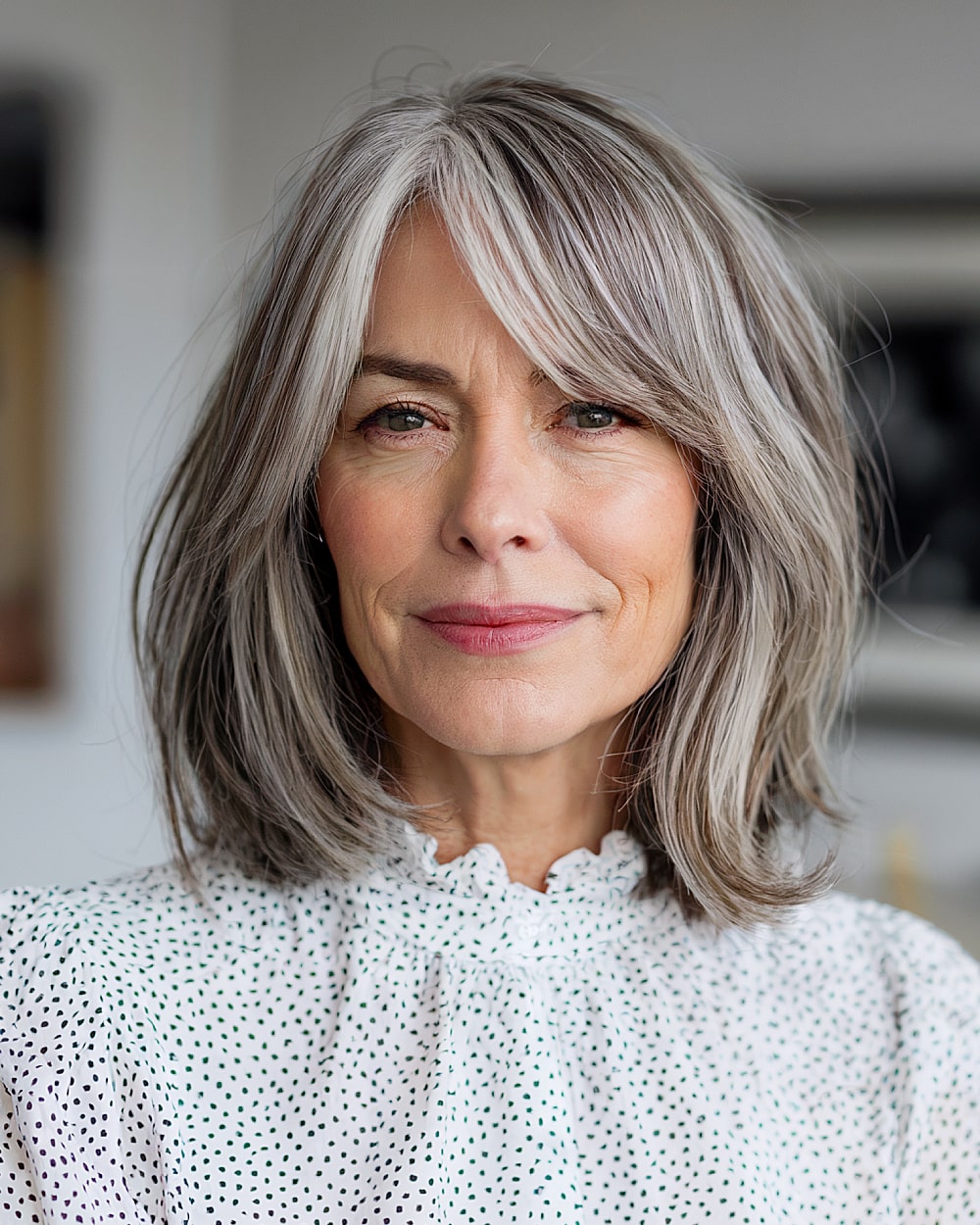 Brown hair with silver highlights and gray lowlights