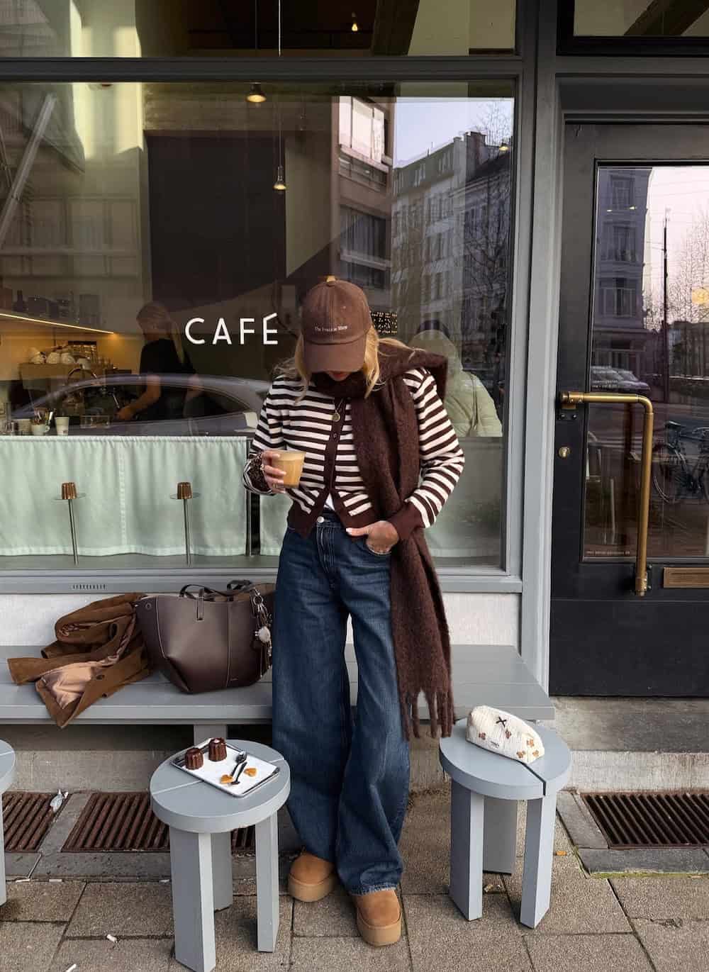 Striped brown cardigan with wide-leg jeans and scarf brown outfit