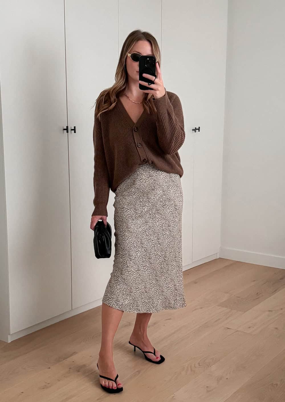 Chunky chocolate cardigan with leopard midi skirt and heels brown outfit