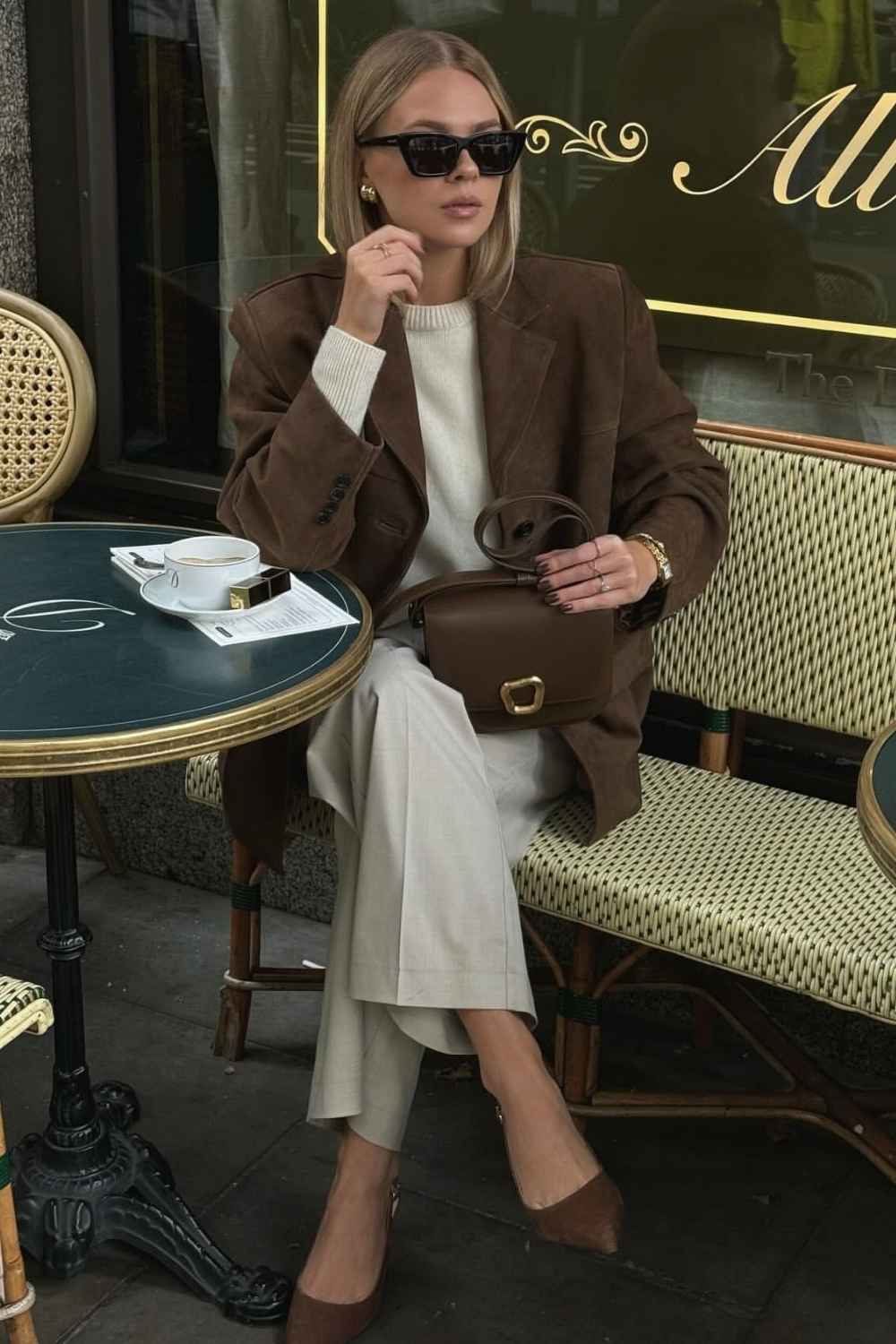 Shaped brown blazer with cream knit and grey trousers preppy outfit