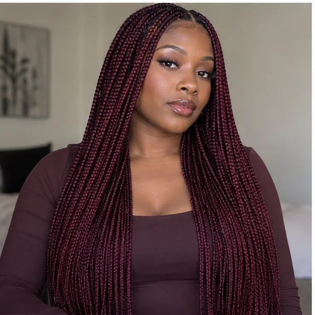 Rich burgundy knotless braids with a deep wine-red tone