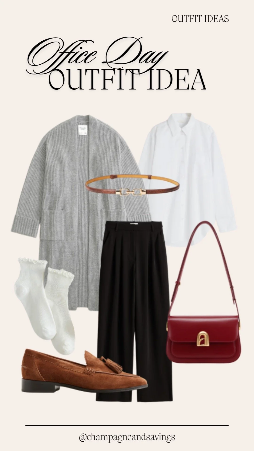 White oxford shirt with long grey cardigan and black dress pants