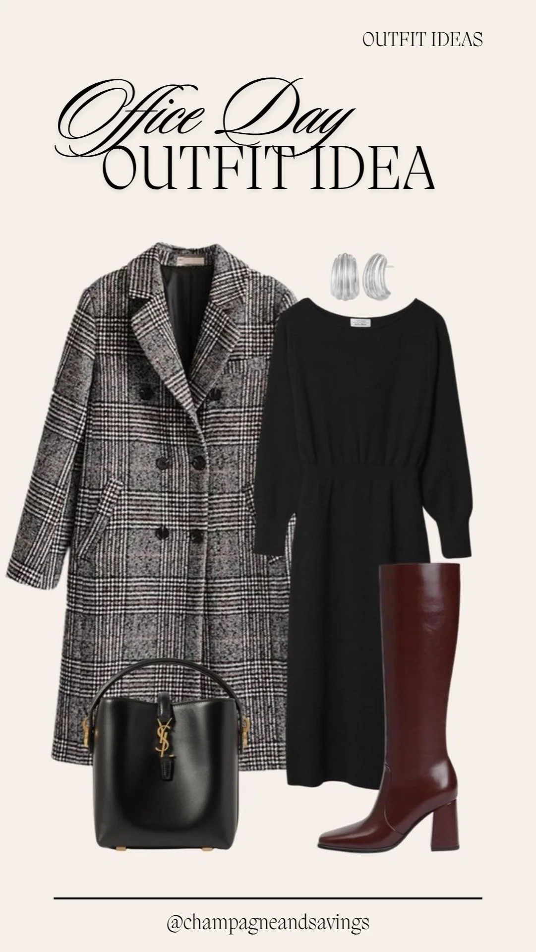 Black sweater dress with plaid coat and burgundy tall boots