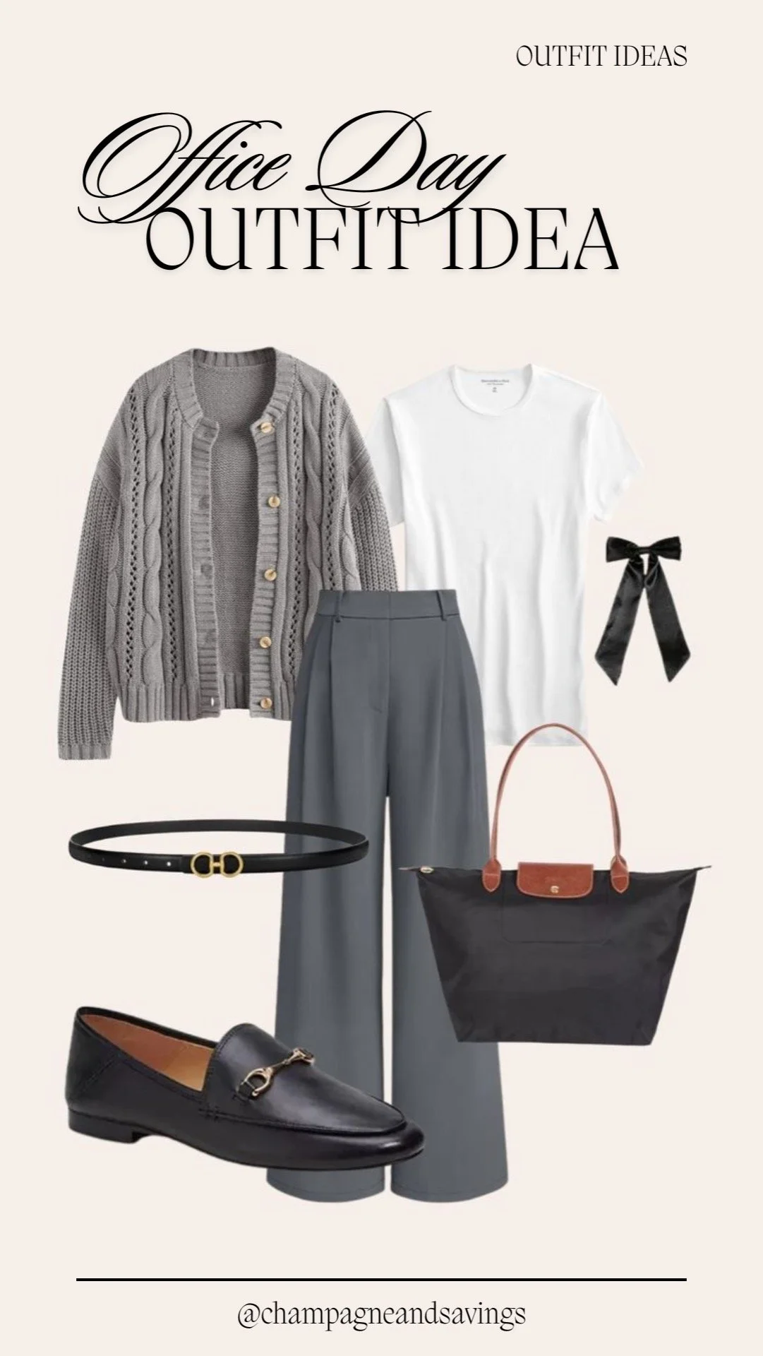 Cable knit cardigan with trousers and loafers