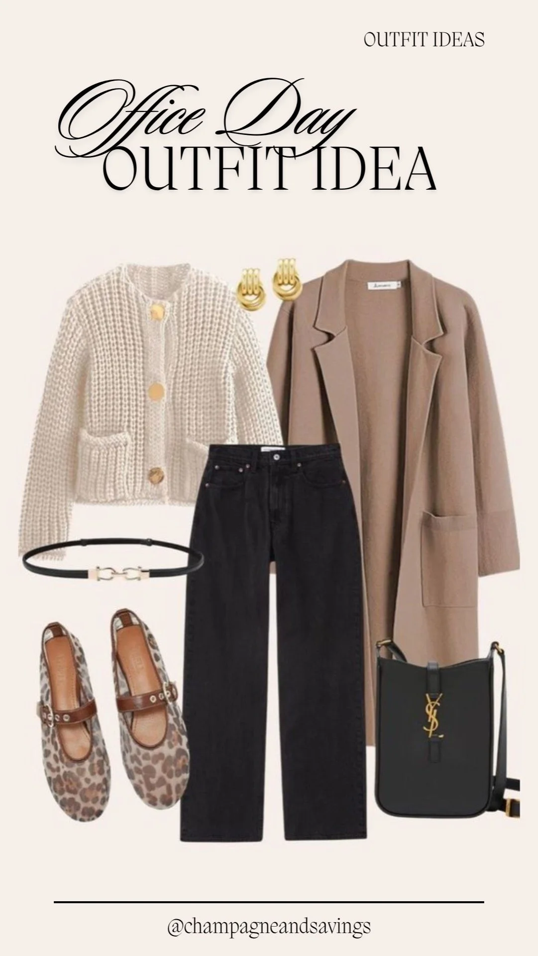 Cardigan with black pants, trench coat and leopard print flats