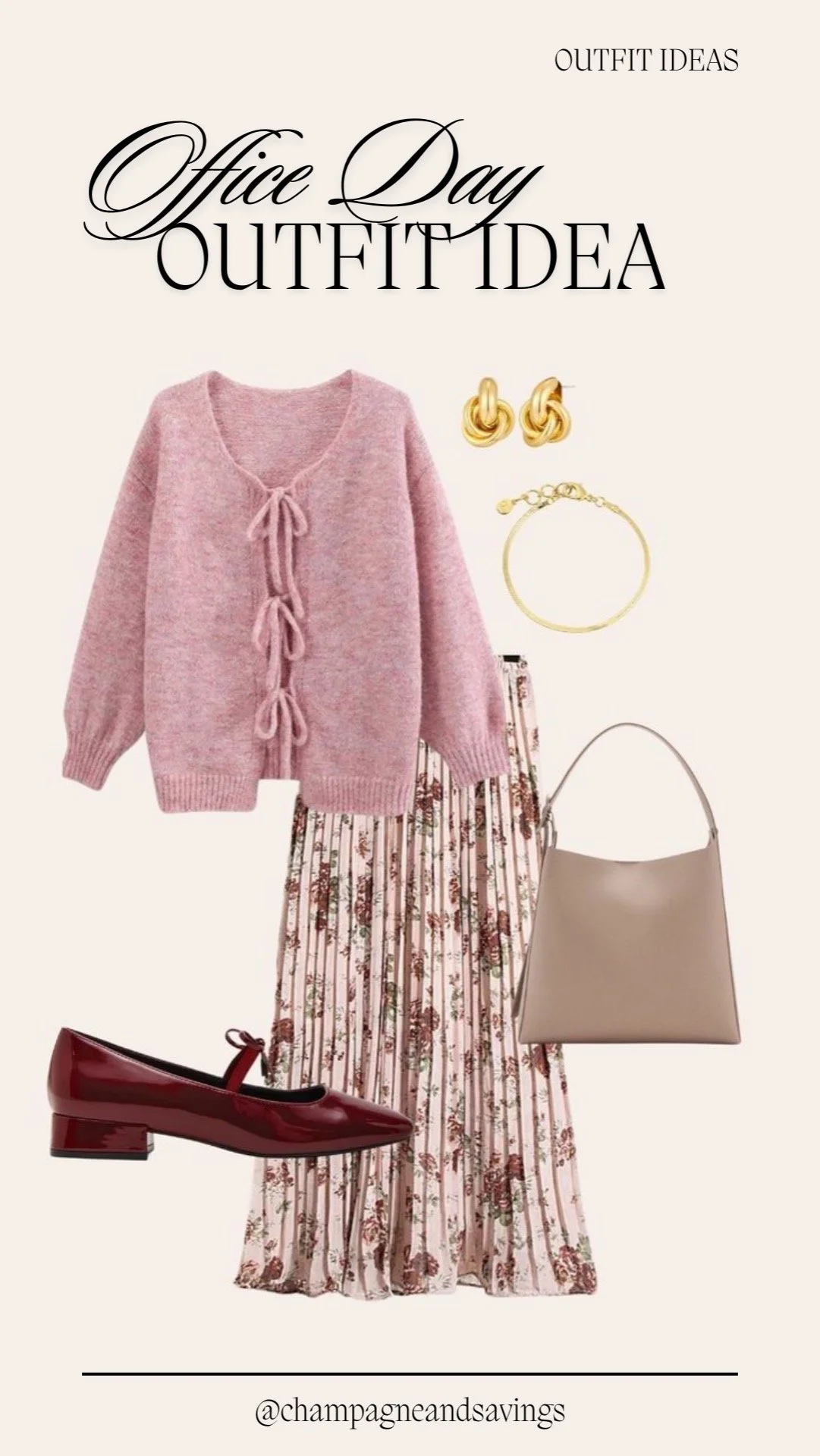 Pink tie-front sweater with floral skirt and red Mary Jane flats