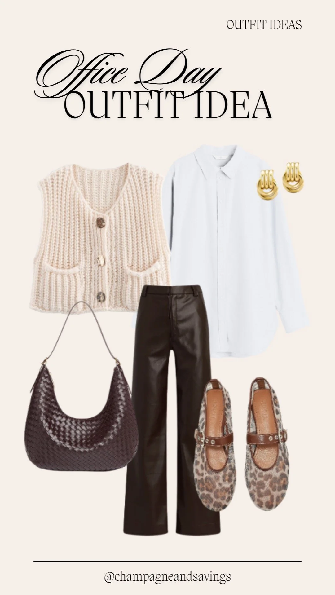 White oxford shirt with sweater vest and brown leather pants