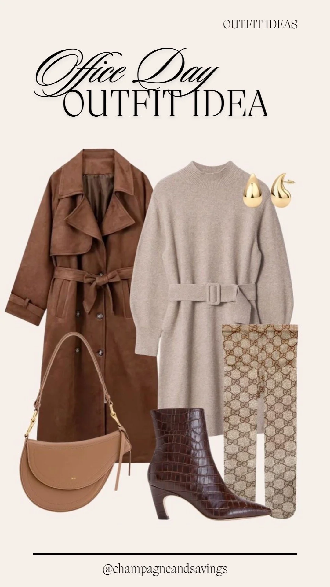 Sweater dress with patterned tights, suede trench and ankle boots