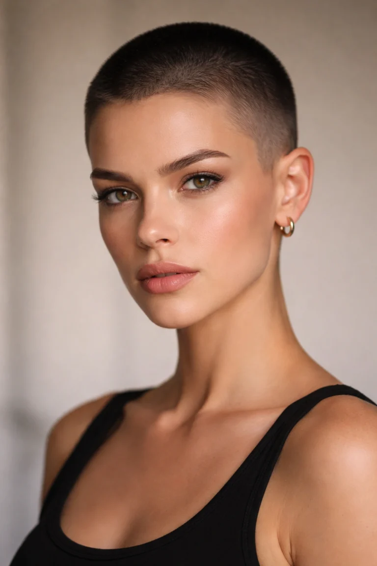 Woman with a buzz cut with a soft fade