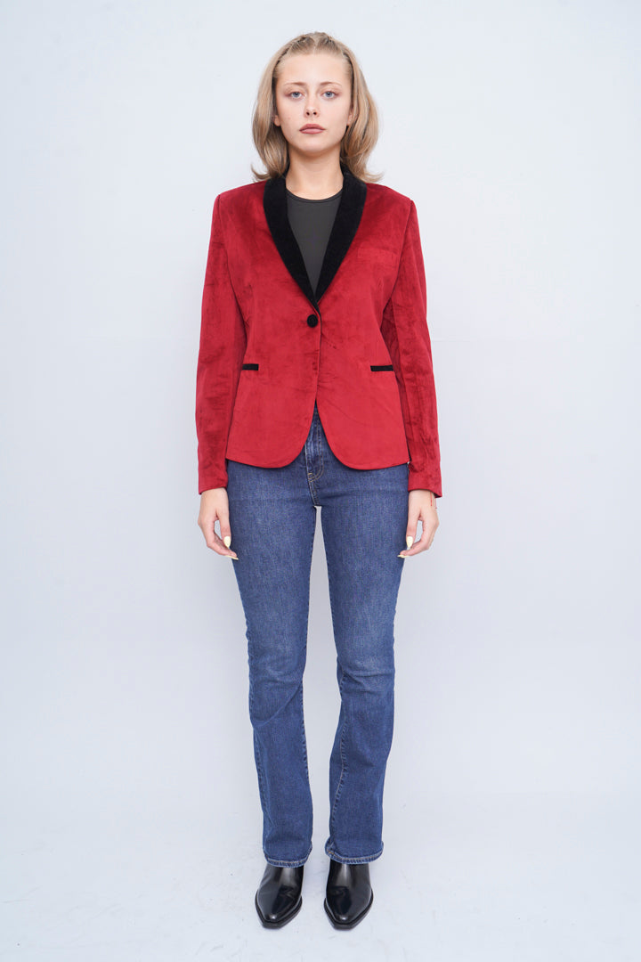 Deep Red Velvet Blazer Over Dark Denim christmas party outfit