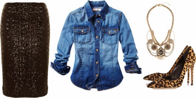 Sequin Skirt, Denim Shirt and Leopard Accents christmas party outfit