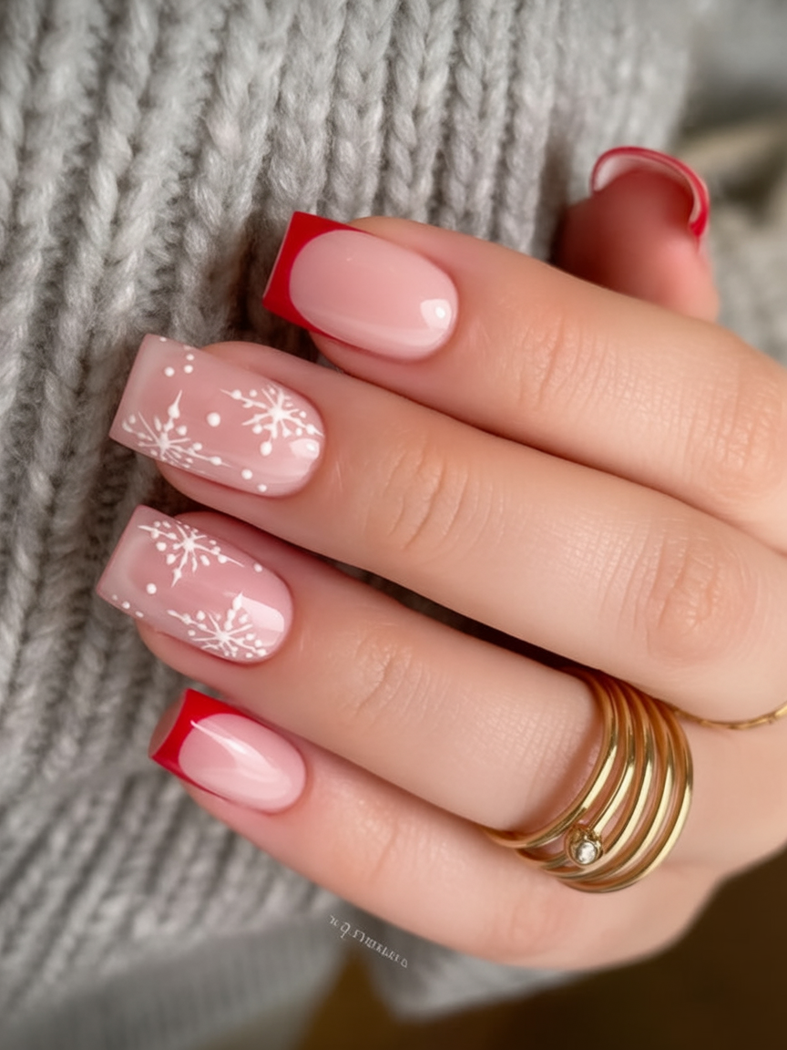 Scattered Snowflakes on Red French Tips Christmas French tips nail design