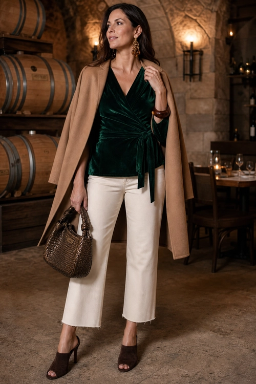 Camel Coat over an Emerald Wrap Top dinner outfit