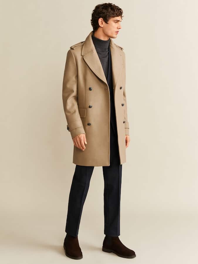 Beige Overcoat With Cream Knit and Beige Trousers men's winter outfit