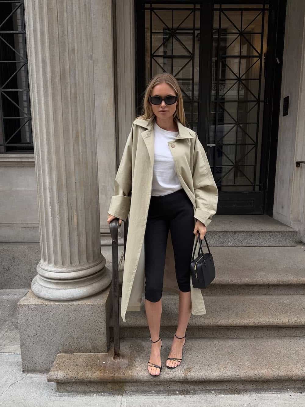 White tee with black capri pants and a coat work outfit