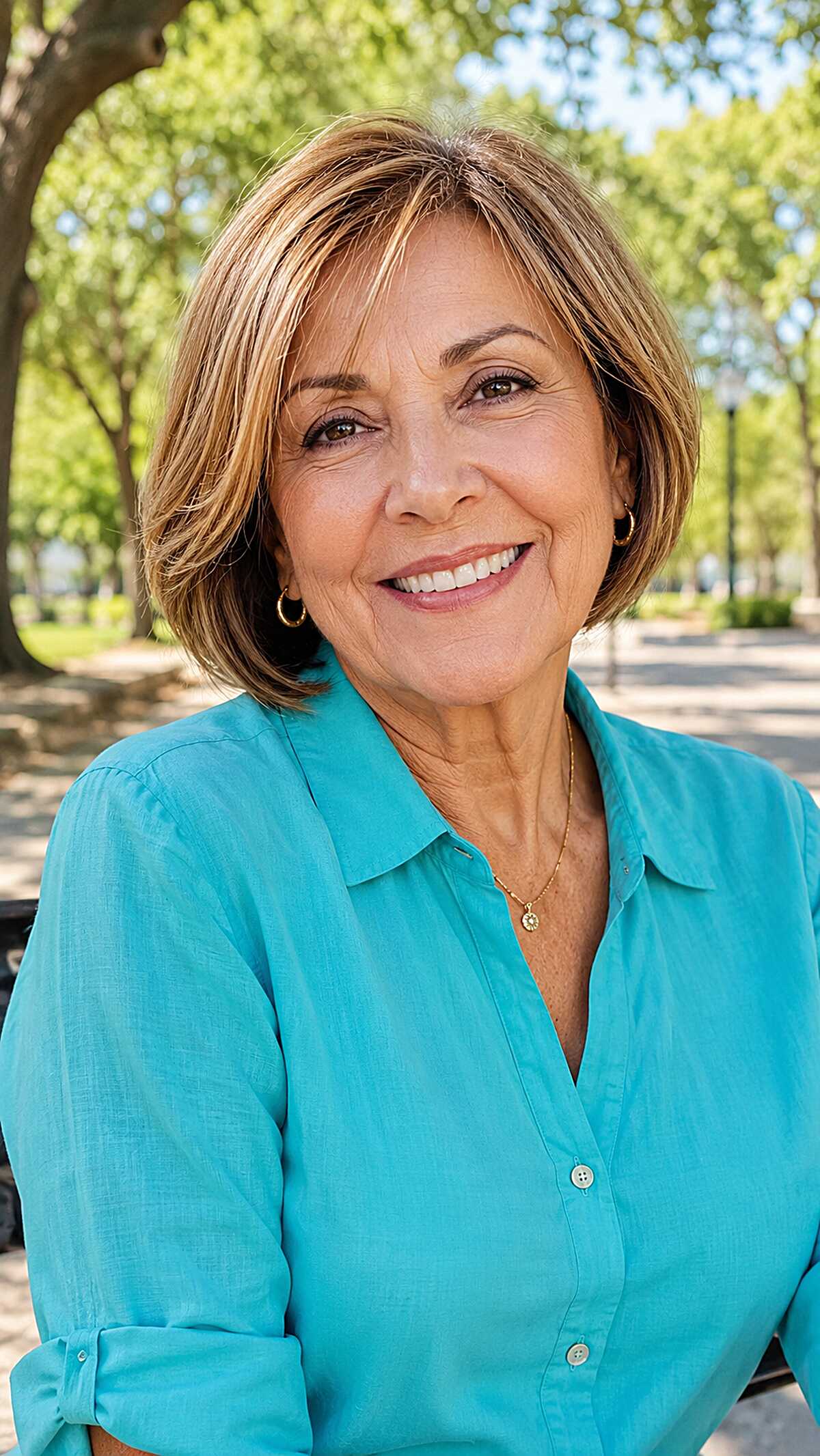 Caramel-highlighted jaw-length bob with inward beveled ends haircut for women over 60