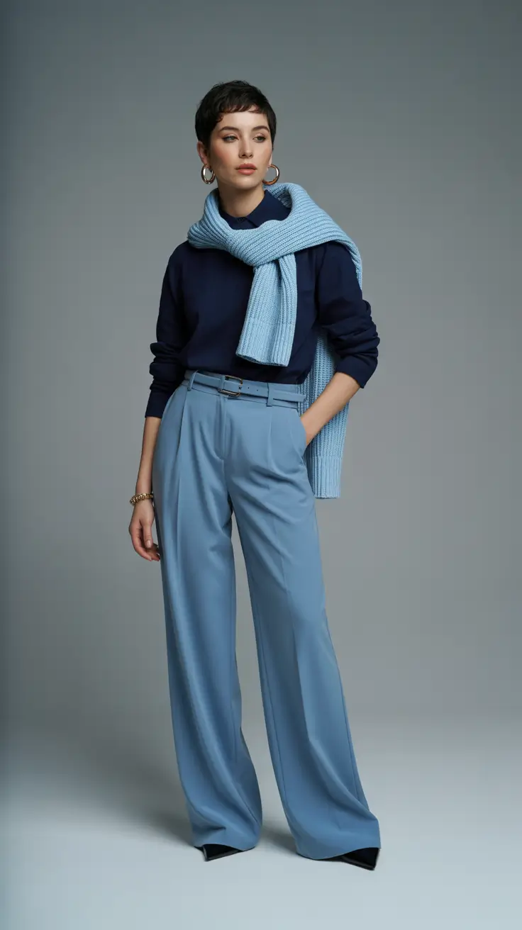 Navy and sky blue outfit with wide-leg trousers and a sweater over the shoulders
