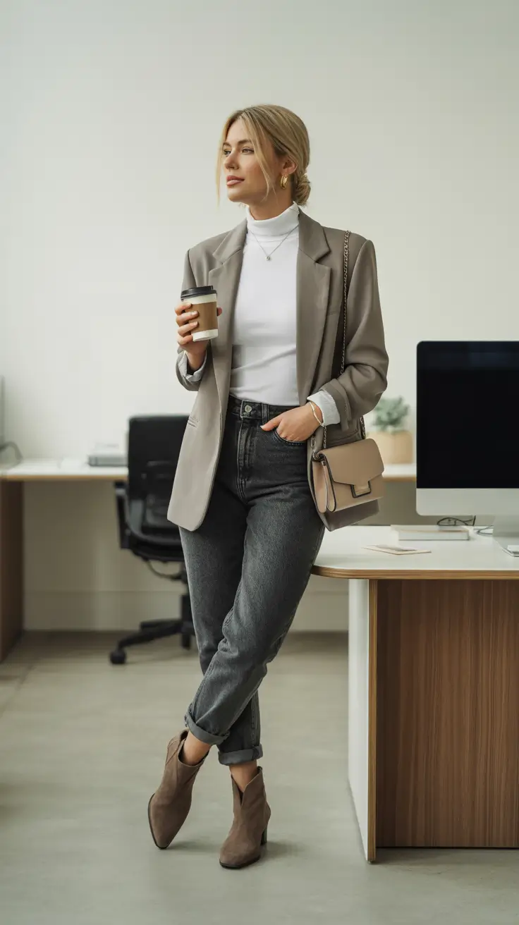 Grey blazer over a white turtleneck with straight jeans for a casual office