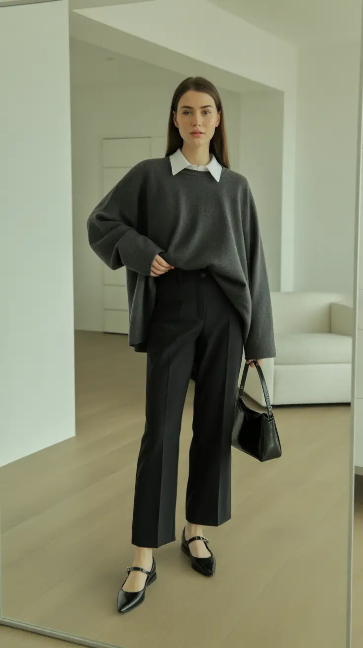 White collared shirt with black trousers and a soft grey sweater draped over the shoulders