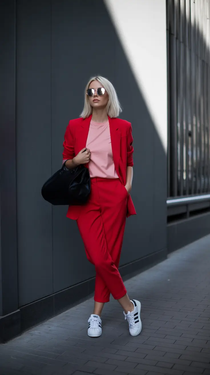 Red suit with culotte trousers and a pale pink tee