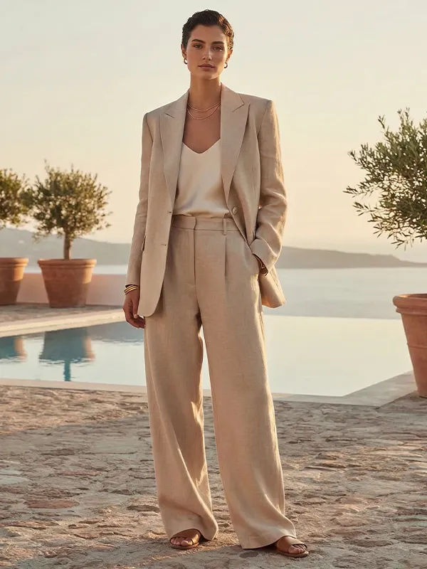 Khaki linen-blend blazer set with wide-leg trousers