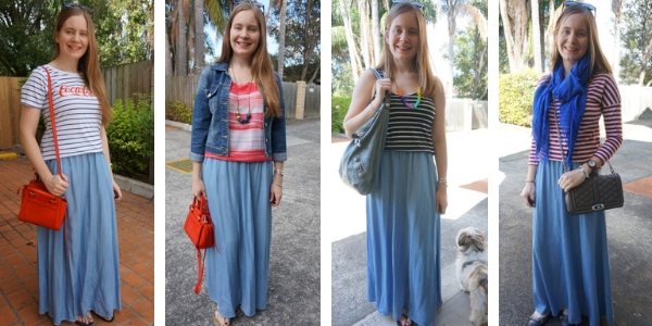 Chambray maxi skirt with striped tees and tanks
