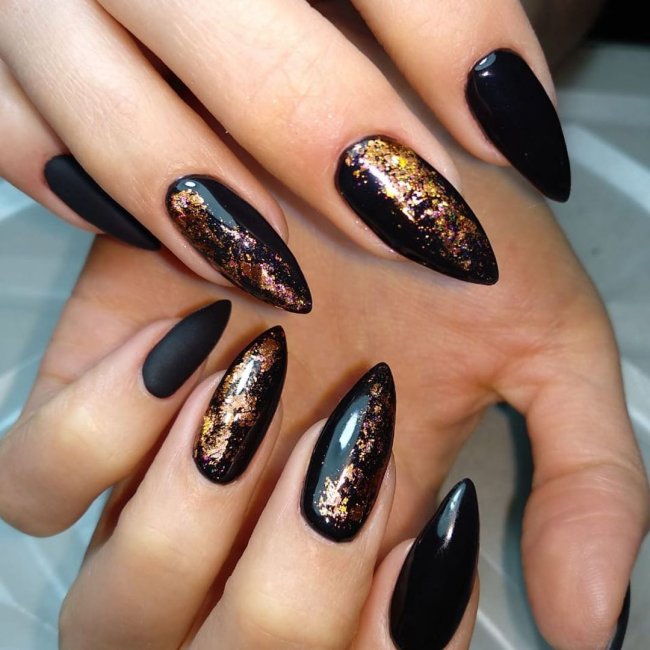 Black Nails with Gold Foil Accents photo