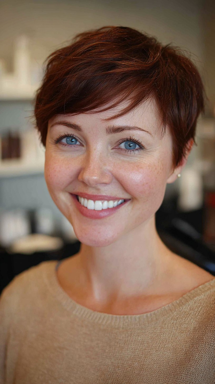 Chestnut Pixie with a Feathered Diagonal Fringe brown pixie haircut