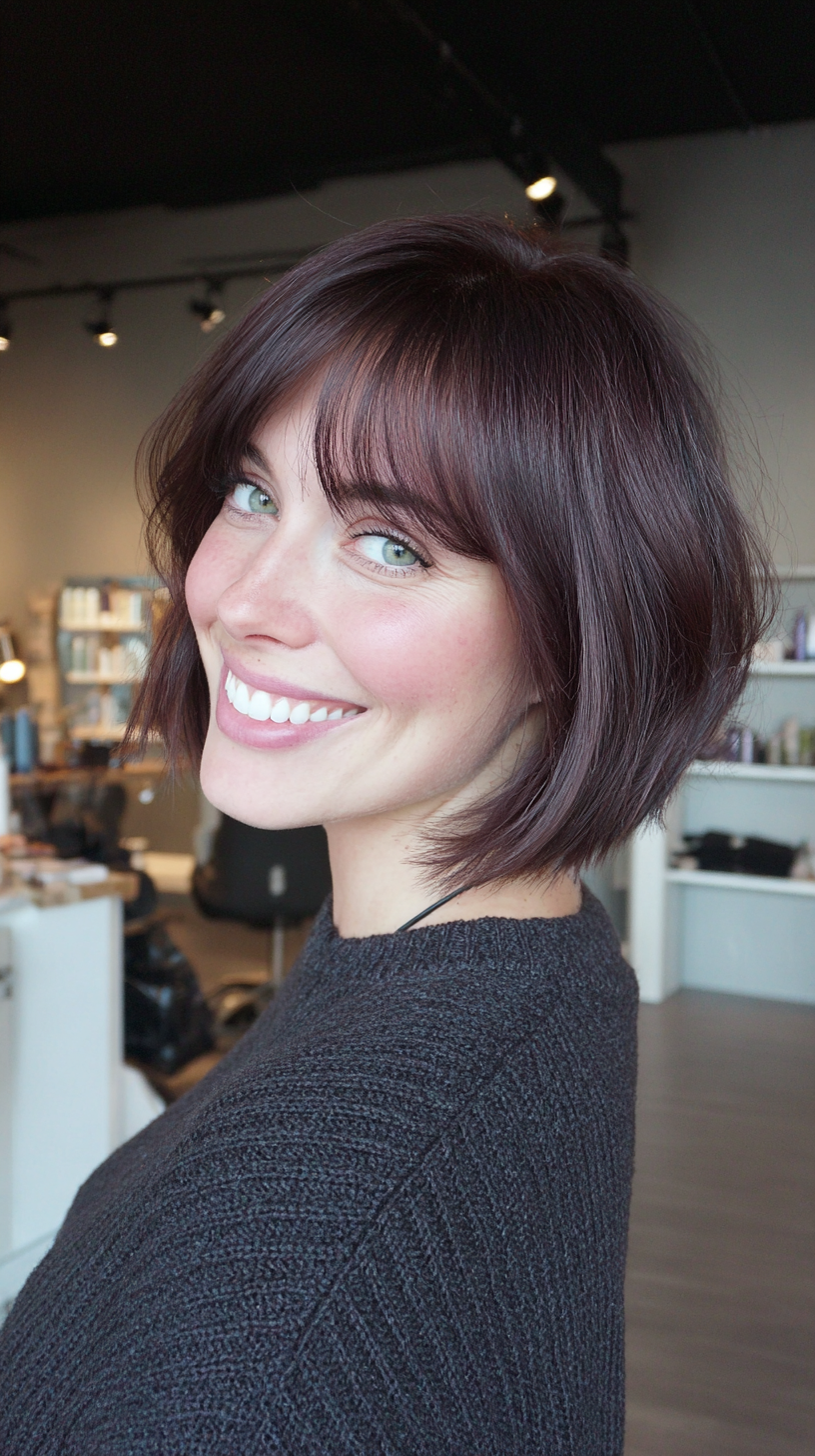 Burgundy bob with polished curtain bangs