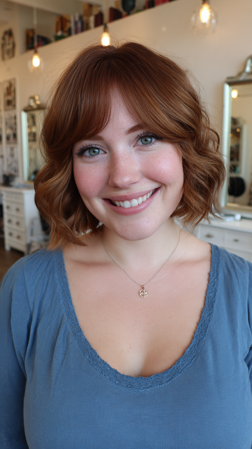 Copper bob with soft curved curtain bangs