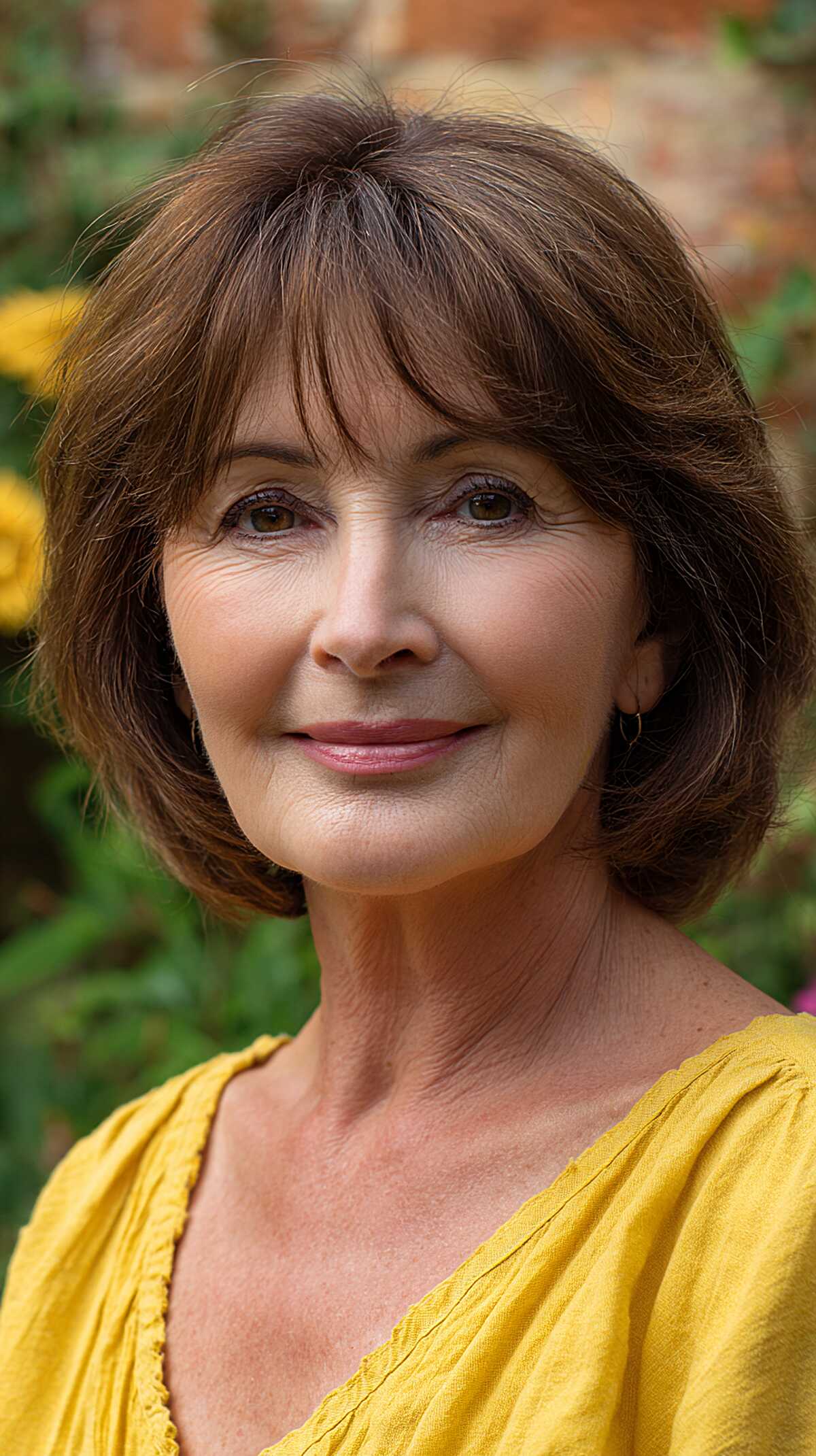 Chin-grazing brunette layered bob with curtain fringe haircut for women over 60