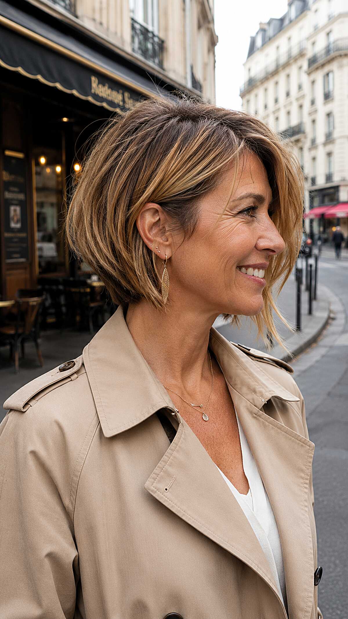 Chin-length layered bob with honey blonde foils