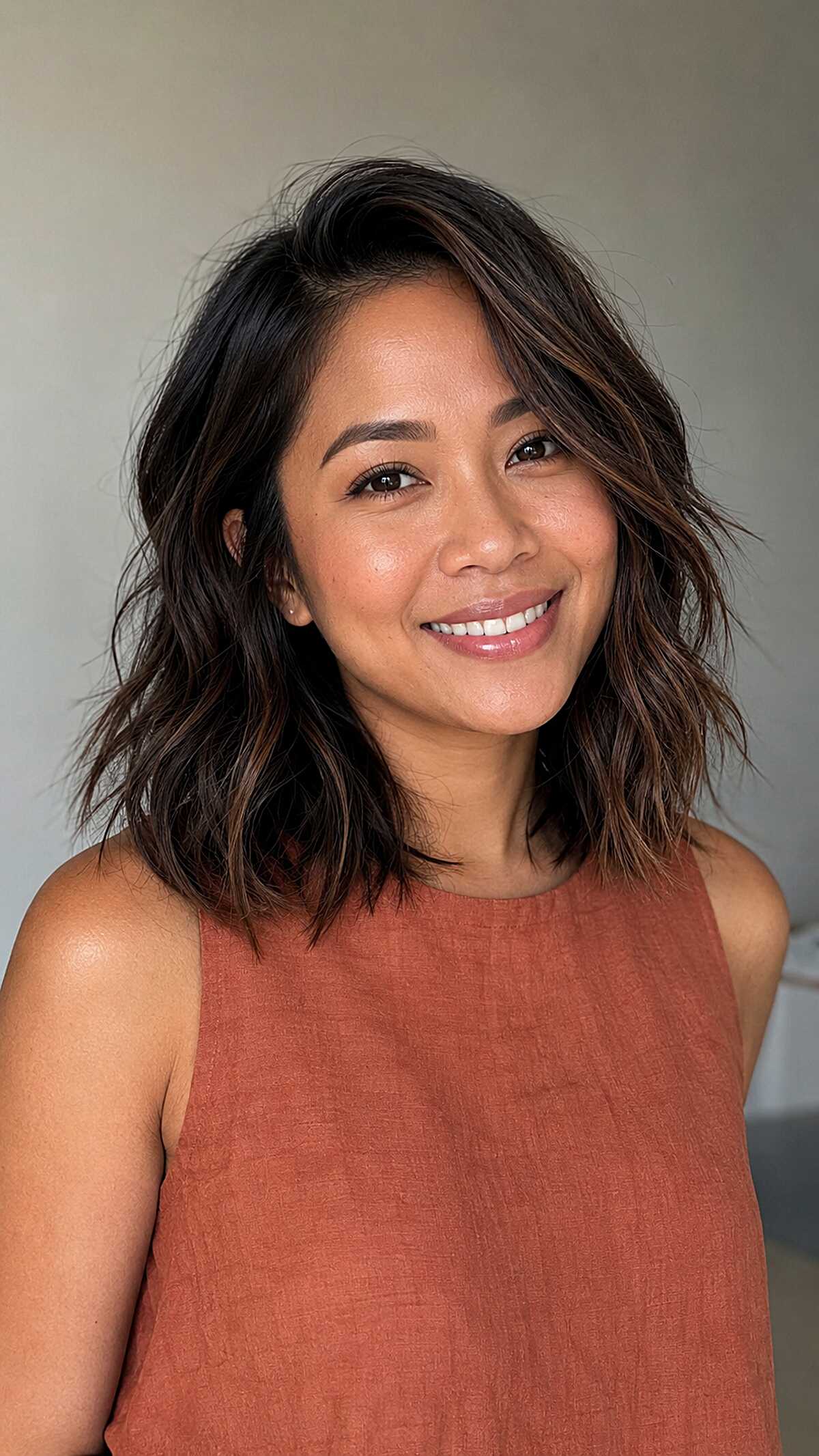 Dark caramel tips on a tousled chin-length bob brown highlights