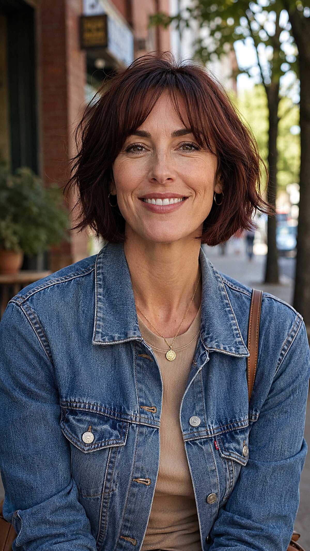 Choppy Auburn Bob with Piecey Curtain Bangs face framing bangs hairstyle