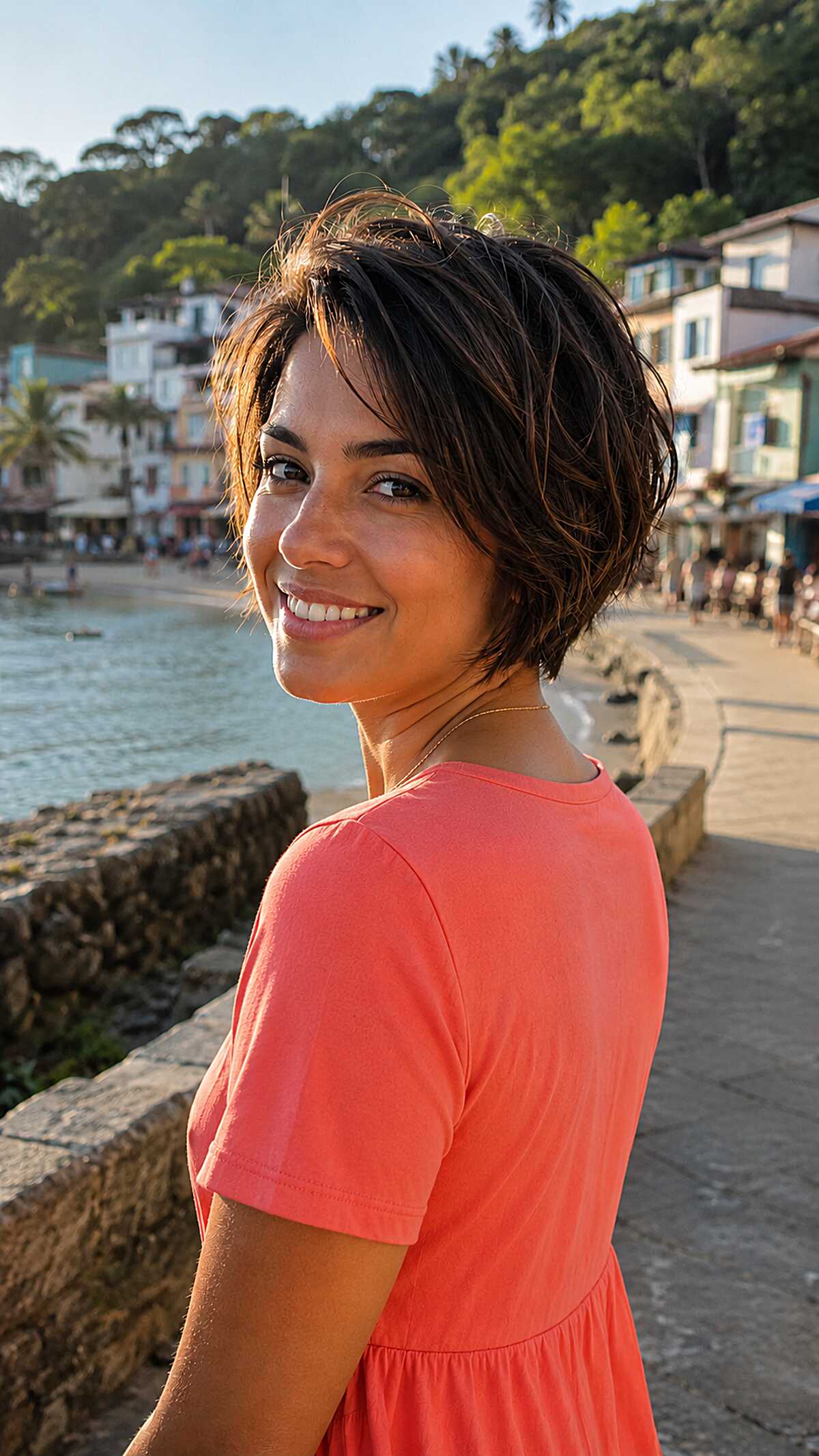 Choppy dark brunette pixie bob with beachy texture