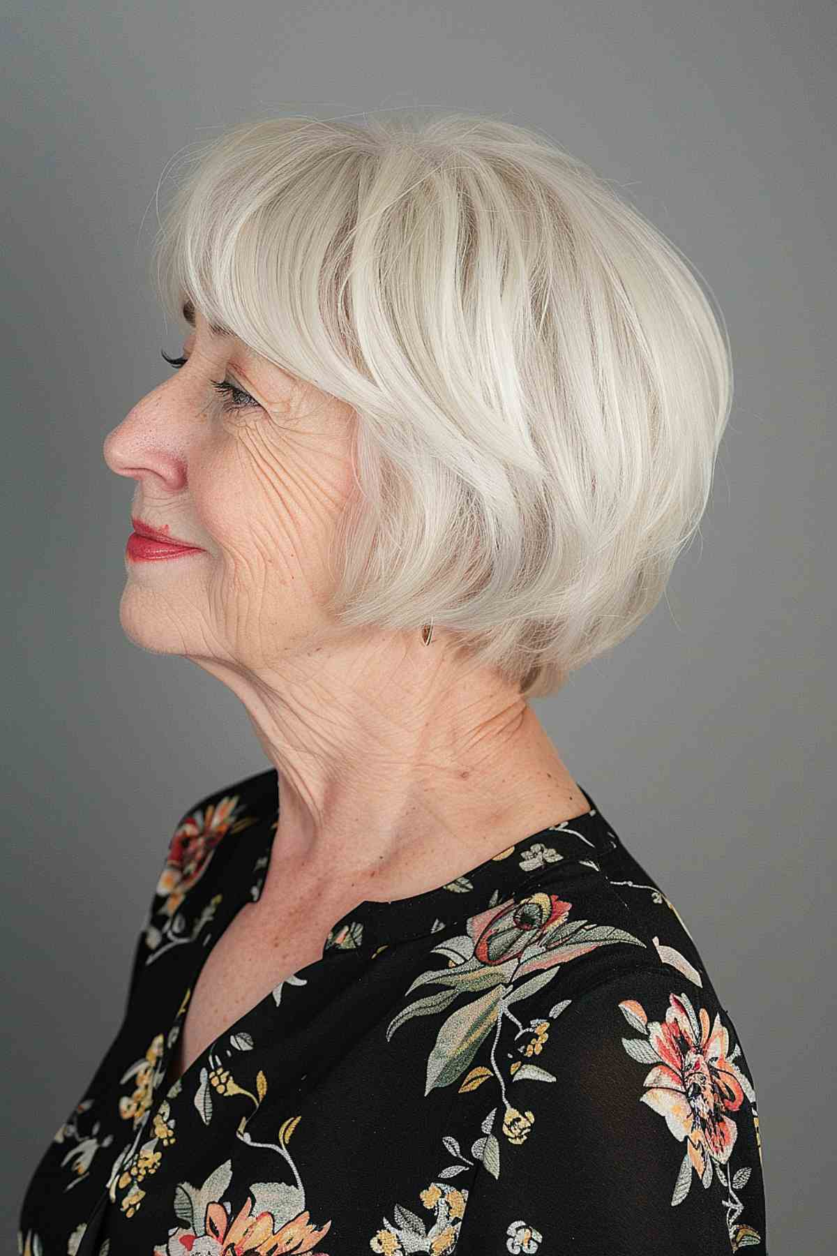 Choppy bob with side bangs haircut for women over 60