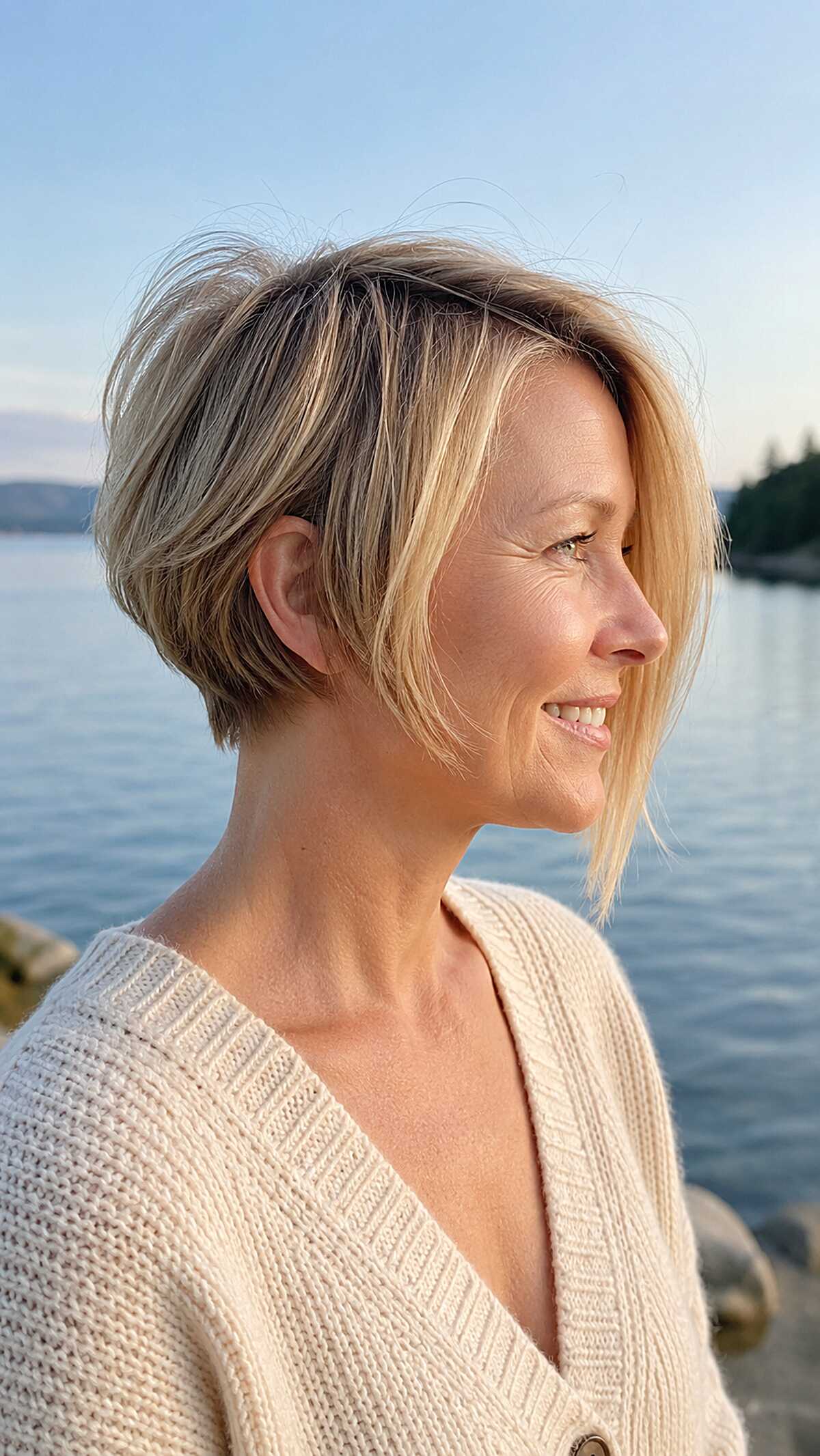 Choppy ear-length bob with dimensional blonde foils