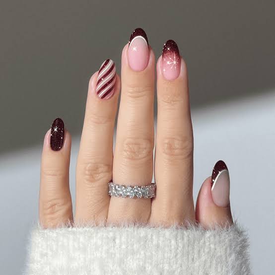 Burgundy French Gradient with Silver Glitter holiday nail design