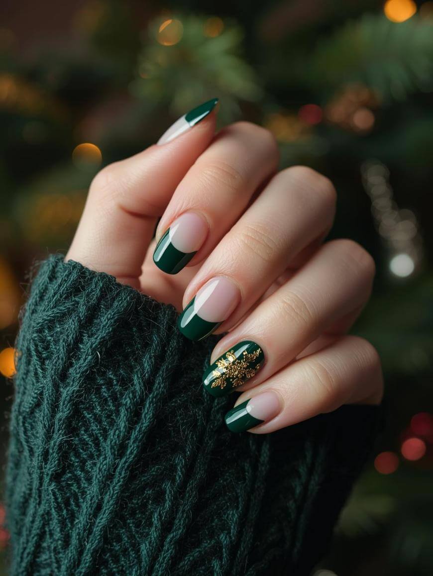 Dark Green French Tips with a Gold Snowflake Christmas French tips nail design