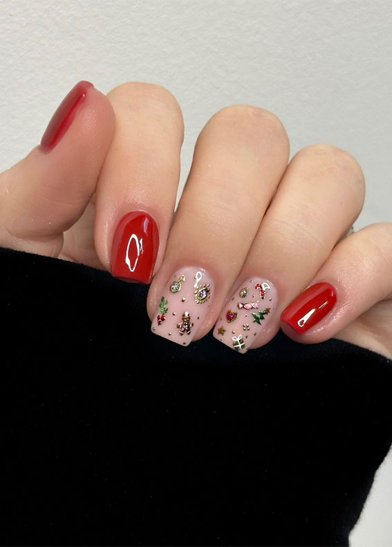 Red Nails with Metallic Gold Tips and Festive Gold Accents holiday nails