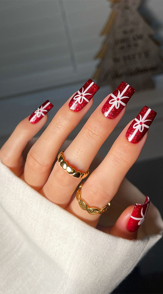 Rich Red Nails Wrapped in White Ribbon Present Art holiday nails