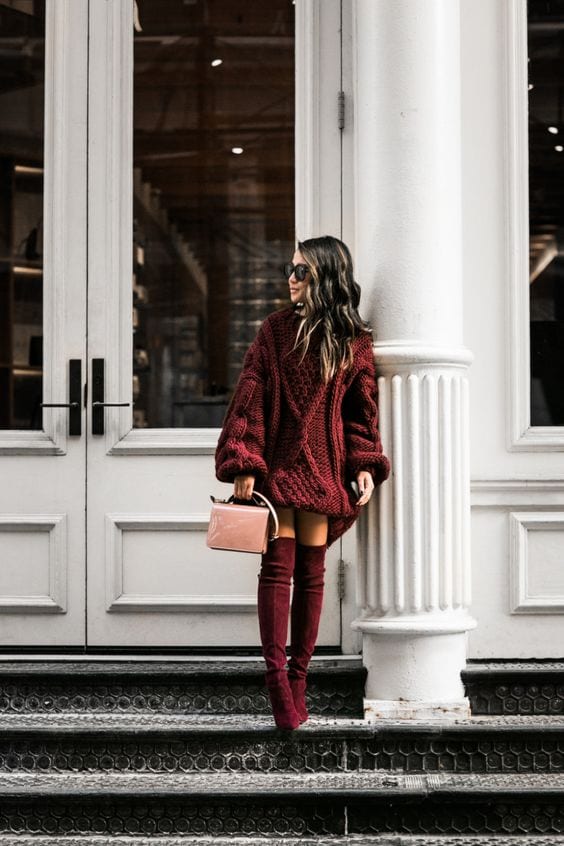 An Oversized Burgundy Knit Dress with Matching Boots maroon outfit