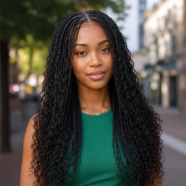 Classic medium boho braids with loose curls scattered through the lengths
