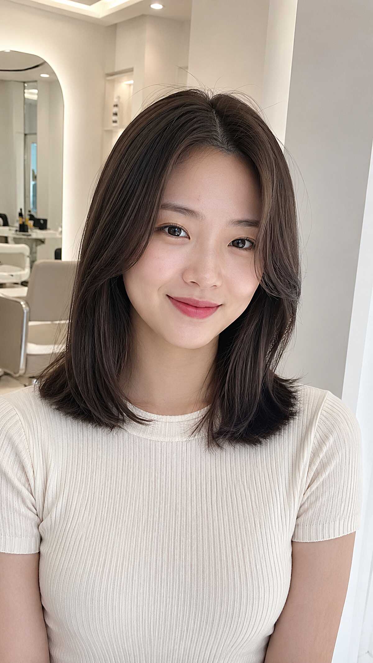 Whisper of balayage on a clean collarbone cut brown highlights