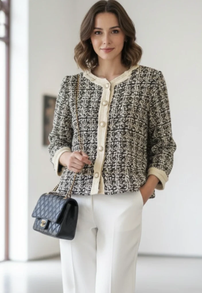 Black and White Tweed Jacket with White Trousers theater outfit