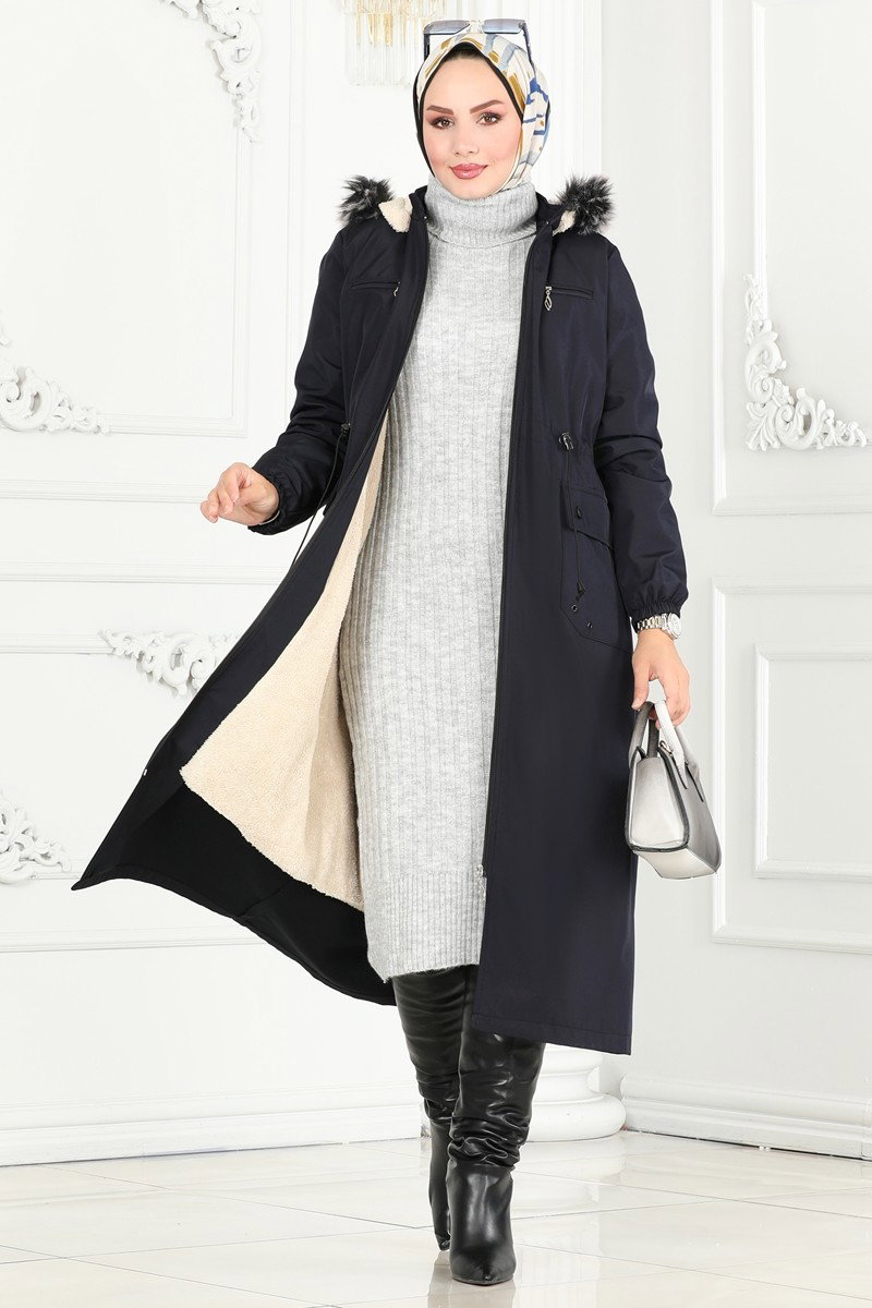 Navy Coat with a Covered, Classic Line modest outfit