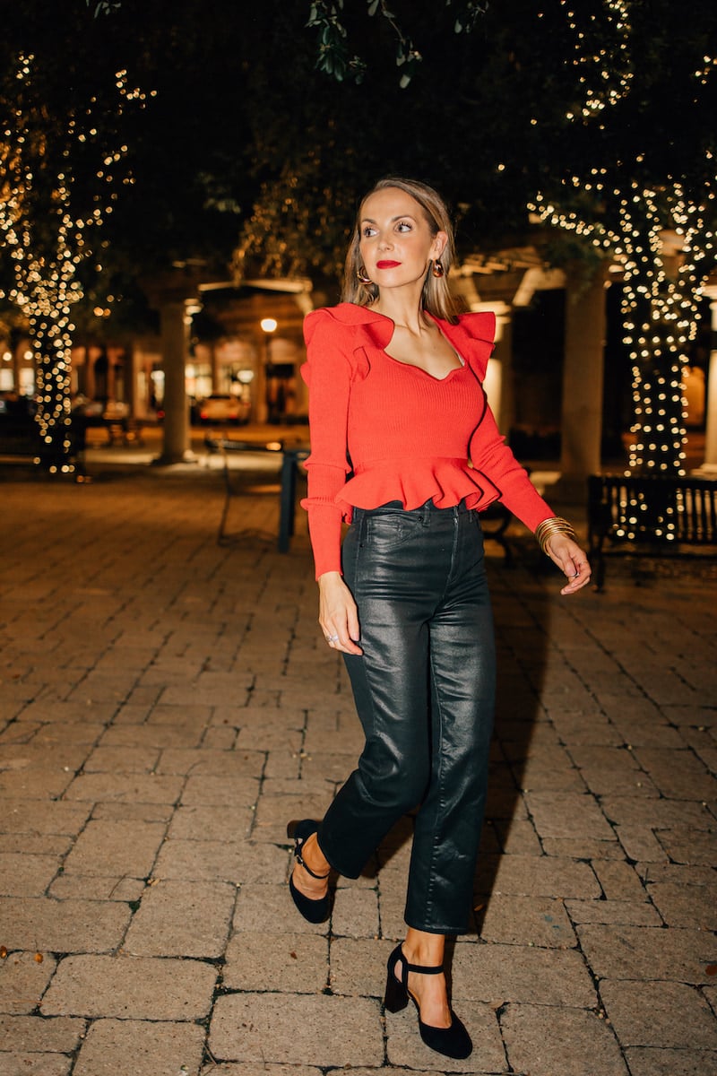 Red ruffle top with coated jeans church outfit